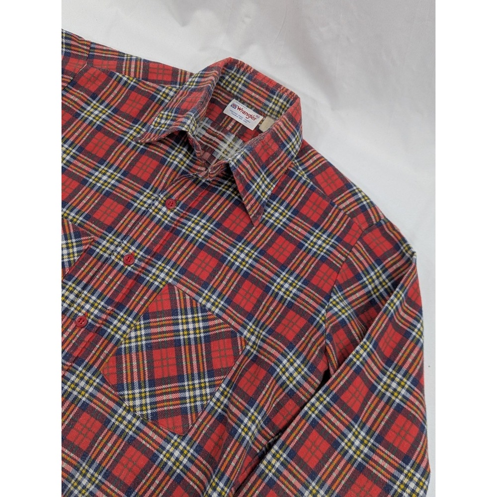 Vintage 70s Wrangler Flannel Button-Down Shirt Red Plaid M Dagger Collar‎ USA